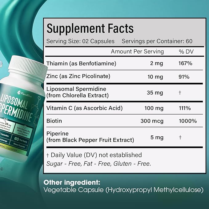 FloraBliss 35mg Spermidine Supplement from Chlorella with Thiamin, Zinc, Biotin, & Vitamin C | 120 Capsules | Gluten-Free for Cellular Renewal, Healthy Aging & Vitality Support | 60-Day Supply