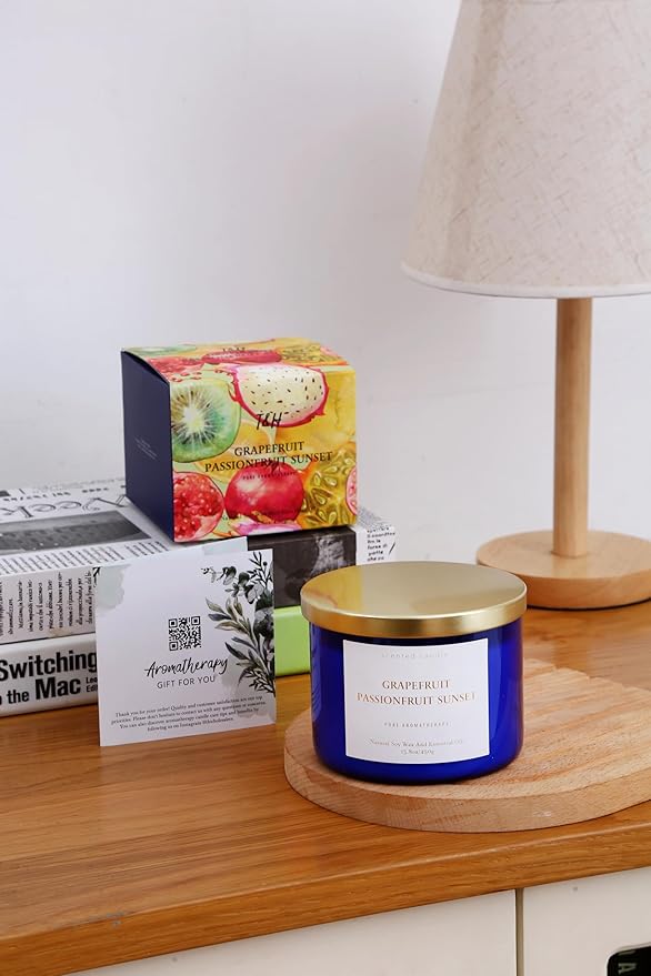 Grapefruit Passionfruit Sunset 3-Wick Scented Soy Candle, 15.8 oz | Large Tropical Citrus Candle for Home | Strong Aromatherapy Stress Relief Candles | Gift for Women & Men | Long-Lasting Clean Burn
