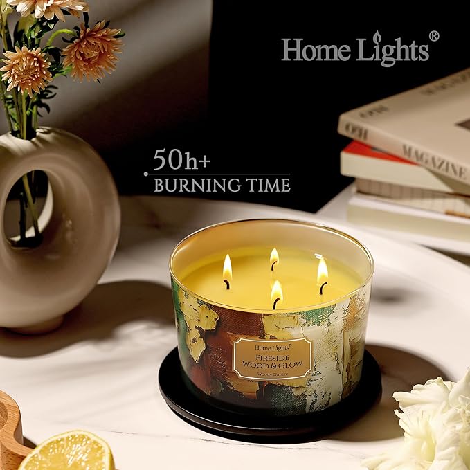 HomeLights 4-Wick Candles for Home Scented - 18oz Soy Wax Blend Candle Long-Lasting Fragrance, Industrial Chic Home Decor and Housewarming Gifts, Fireside Wood & Glow