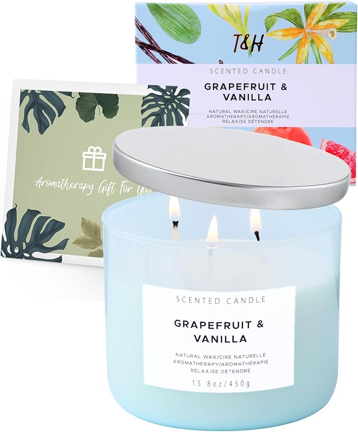 Grapefruit Vanilla 3 Wick Scented Soy Candle, 15.8 oz - Citrus & Vanilla Aromatherapy Stress Relief Candle for Home - Long Lasting Clean Burn, Highly Scented, Strong Throw - Housewarming Gift