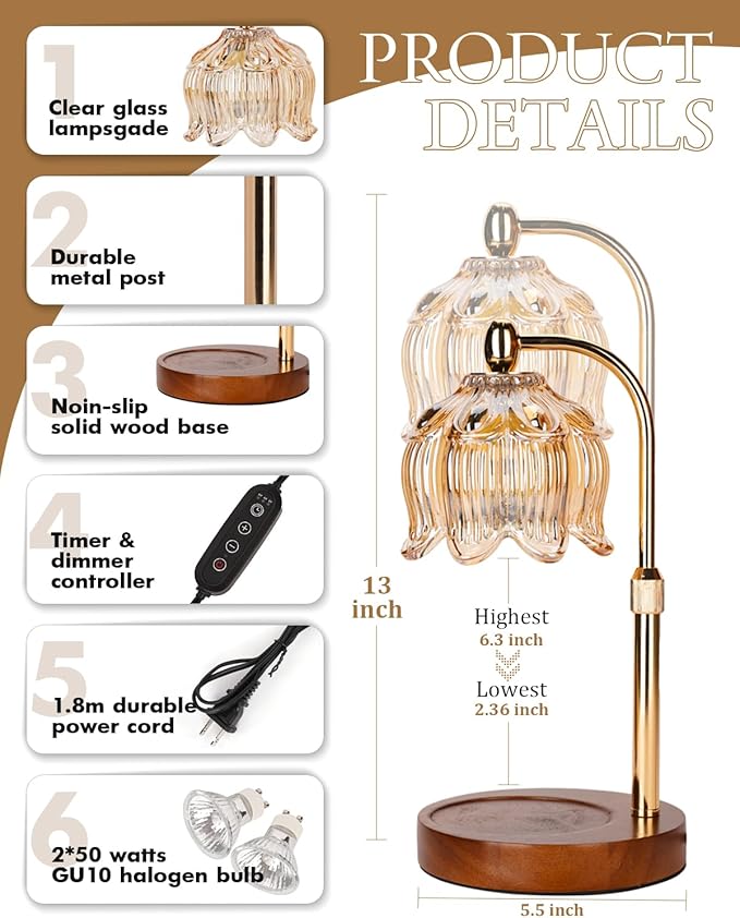Candle Warmer Lamp with Timer Dimmable, Height Adjustable, Birthday Gifts for Women Mom, Suitable for New Home Decoration, Lotus Flower Candle lamp,with 2 Bulbs,Suitable for Jar Candles