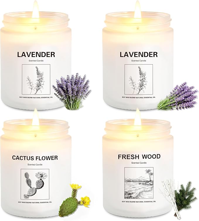 4 Pack Soy Wax Candle Gift Set – Long Lasting Aromatherapy Candles for Home, Lavender, Cactus Flower & Wood Scents, Natural Relaxing Spa Candles for Women
