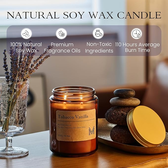 M&SENSE Tobacco Vanilla Scented Christmas Candle Gift | 19.4oz, 115-Hour Burn | Natural Organic Soy Wax | Long-Lasting for Stress Relief and Gifting | for Christmas, Thanksgiving, Holiday