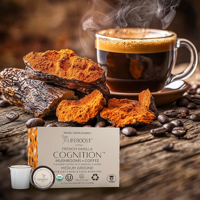 Lifeboost French Vanilla Cognition Mushroom Coffee Pods - Low Acid Organic K-Cups with Lion’s Mane & Chaga Nootropic Mushrooms for Focus, Energy & Immune Support - 10 Count