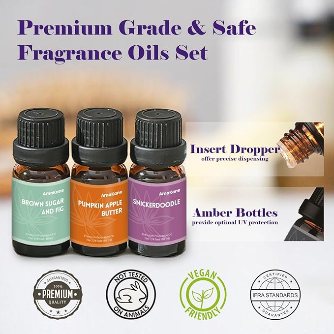 AmaKane Halloween Fragrance Oil Set, 6x10ml Fall Essential Oils for Diffuser, Candle Soap Making Scents- Brown Sugar and Fig, Pumpkin Apple Butter, Caramel Apple, Candy Corn and More