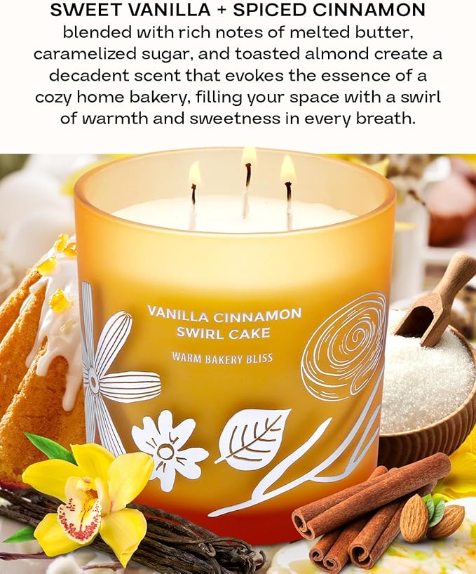 Vanilla Cinnamon Swirl Cake 3-Wick Soy Scented Candle, 14.5 oz Large | Cinnamon Roll & Vanilla Candle | Aromatherapy Gourmand Candle for Home | Winter Home Decor & Housewarming Gift