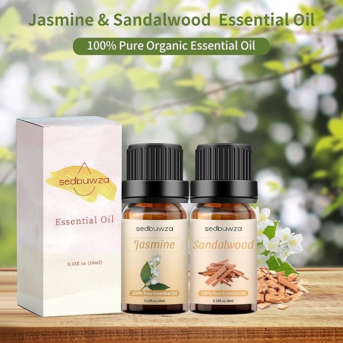 Sedbuwza Sandalwood Jasmine Essential Oil Set, Sandalwood Fragrance Oil Jasmine Scent Oil Set for Diffuser, Aromatherapy, Massage, Soap, Candle Making 2 x 10 ml