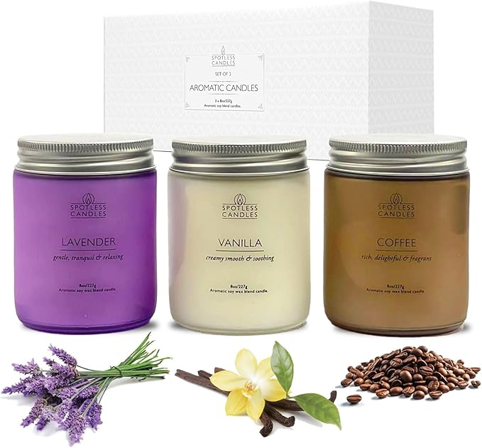 Aromatic Candles Three Pack - 3 x 8 oz Cotton Wick Candles Coloured Fosted Jars - Vanilla, Lavender and Coffee