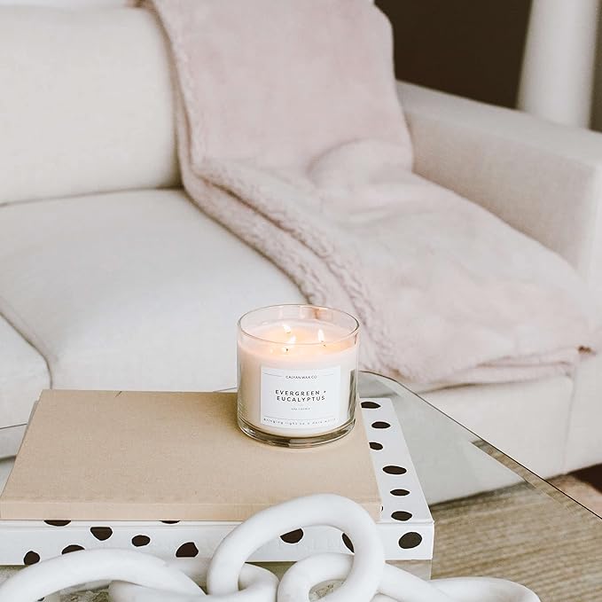 Calyan Wax Co. Evergreen & Eucalyptus 3 Wick Scented Candle - 43 Hour Burn - Luxury 3 Wick Soy Candles - Non Toxic Soy Wax Candles - Long Lasting Large Glass Jar Candle for Home - 14.9oz