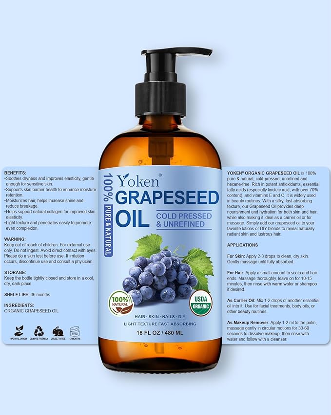 Organic Grapeseed Oil 16 oz GLASS BOTTLE - USDA 100% Pure & Natural Cold Pressed Grape Seed Carrier Oil for Skin & Hair - Single Ingredient, Hexane Free, Light & Silky Body Moisturizer