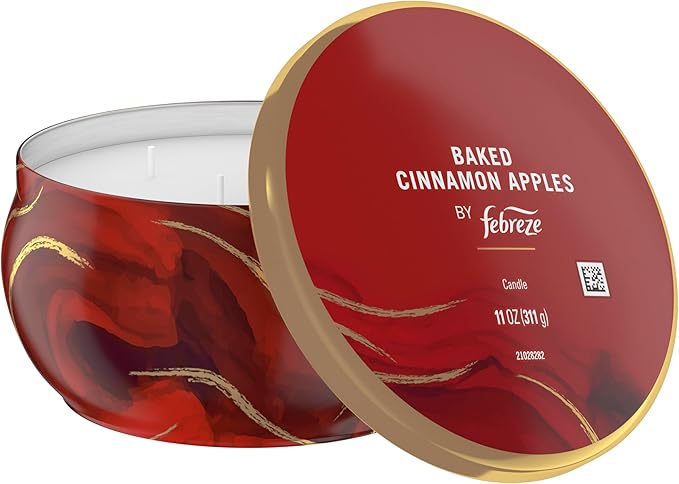 Febreze Scented Candle, Baked Cinnamon Apples Scent, 4 Wick Candle, Reusable Tin, Long Lasting Even Burn, 11oz, Single Pack