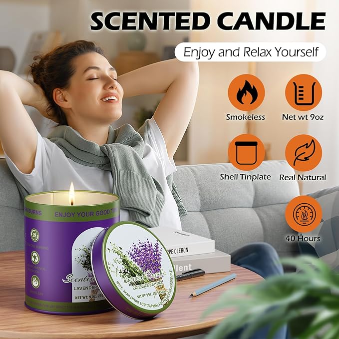 Lavender&Thyme Scented Candle Set | 2Pack 510g 8% Essential Oil, 80H Burn Time | Smokeless Clean-Burning Soy Wax Tin Jar Aromatherapy Candle for Relaxation & Sleep Aid | Candle Gift Set Women&Men