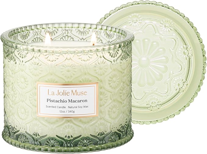LA JOLIE MUSE Pistachio Macaron Candle | Pistachio, Milk & Vanilla | 12 oz Double Wick Soy Candle | Natural Soy Wax | 60 Hours Clean Burn | Holiday Gift for Dessert Lovers | Seasonal Home Décor