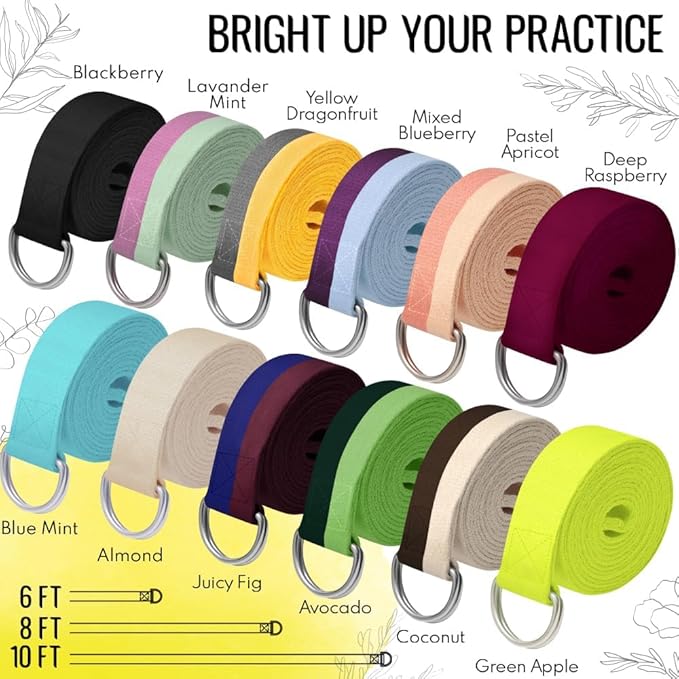 TECEUM Yoga Strap & Mat Strap – 2 IN 1 – Cotton – 6 ft 8 ft 10 ft (30+ colors) – Adjustable Non-Slip Belt for Yoga, Pilates, Stretching, Physical Therapy, Fitness & Home Workout – For Carrying Mats