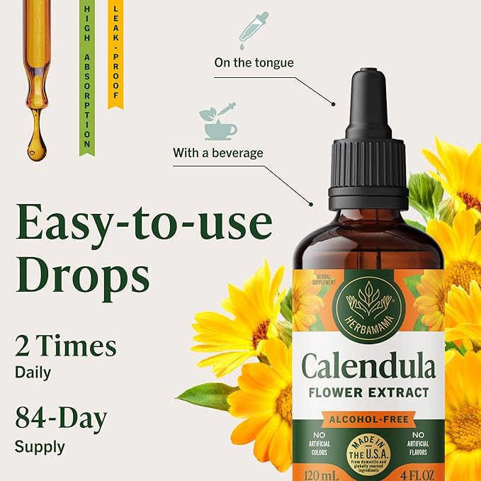HERBAMAMA Calendula Tincture - Vegan Antioxidant & Detox Support with Calendula Herb Extract Drops - Non-GMO, Alcohol & Sugar-Free Liquid Supplement, 84-Day Supply