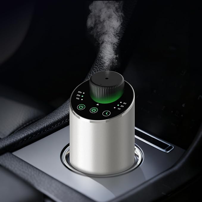 Waterless Essential Oil Diffuser Scent Aromatherapy Diffusers for Home Large Room, Car, Office, Portable Battery Operated Cordless Air Freshener, 4 Timers & 3 Mist Levels, 100ml Capacity (Silver)