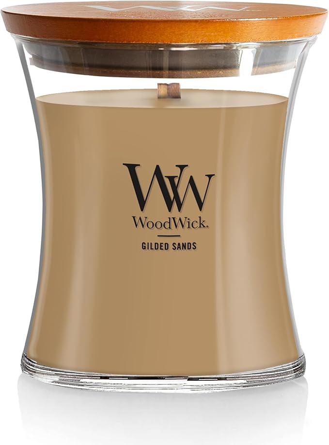 WoodWick Gilded Sands Scented, Medium Hourglass, Crackles as it Burns, Up to 50 hrs Burn time, Perfect for Gifting, 9.7oz