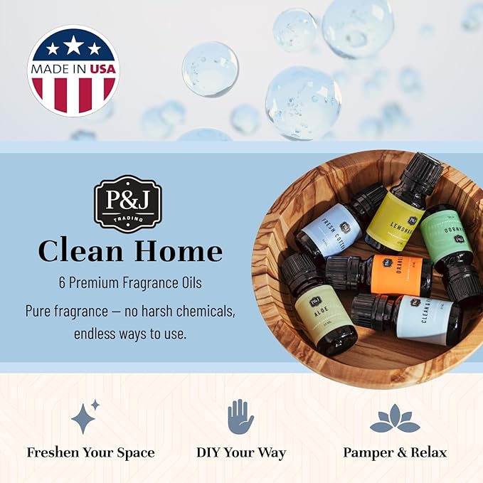 P&J Fragrance Oil Clean Home Set | Lemongrass, Fresh Cotton, Clean & Fresh, Aloe, Bamboo, Orange Candle Scents for Candle Making, Freshie Scent, Soap Making Supplies, Diffuser Oil Scents