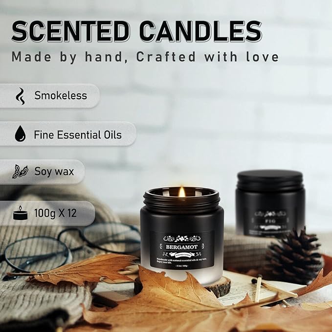 12 Pack Men's Scented Candles in Jar - 3.5oz Each, 150+ Hours Long Lasting, Soy Blend Wax Aromatherapy Candle Gifts Set for Men, Birthday, Valentine, Anniversary, Christmas