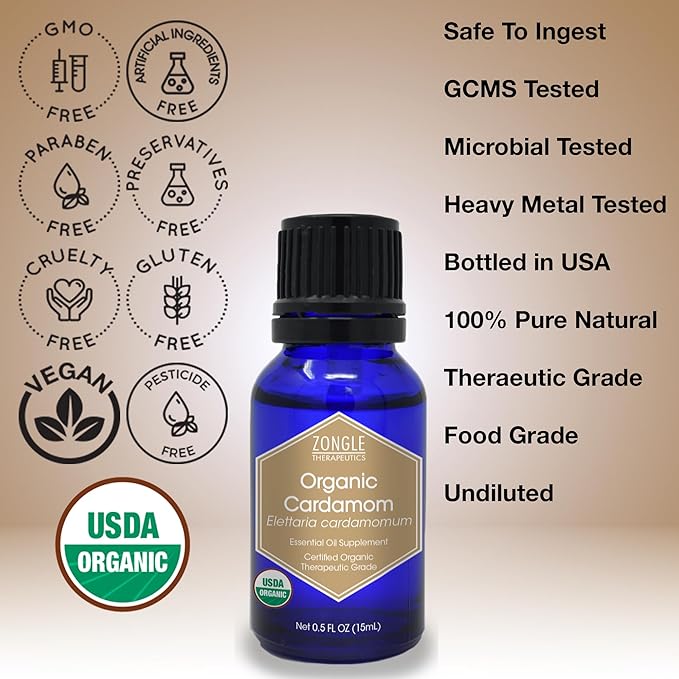 Organic, Cardamom Essential Oil, Food Grade – 100% Pure, Cardamom Oil, by Zongle Therapeutics, 15 ML