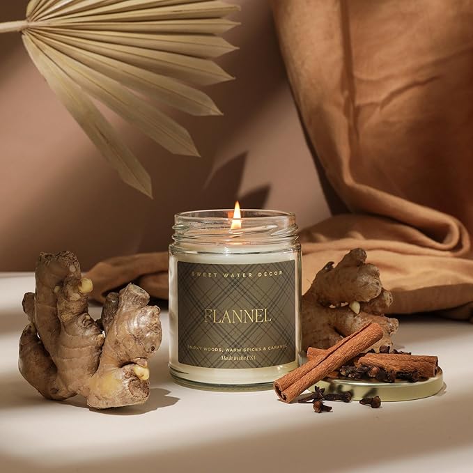 Sweet Water Decor Flannel Soy Candle - Vanilla, Caramel, Amber, Tonka, Smoky Woods, Musk Scented Soy Candles - Autumn Candle for Home - 9oz Clear Jar with Gold Foil Made in The USA