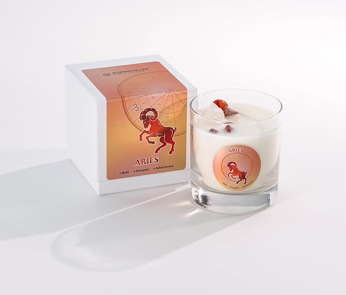 Luxury Glass Jar Candle, Aries Zodiac Sign, 8.8 oz - Crystal Infused - Scents of Citrus, Basil, Mint, & Agave - Made in USA, Hand Poured, Coconut-Soy Wax, Essential Oils, Dr. Developed