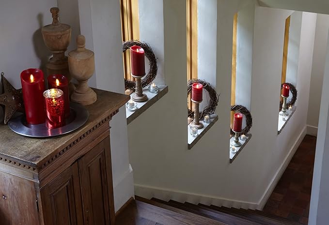 Luminara Flameless Flickering Melted Edge Set of 3 Candles, Battery Operated & Timer Function, Remote Included, Unscented Paraffin Burgundy Wax LED Light Pillar, Christmas Holiday Décor