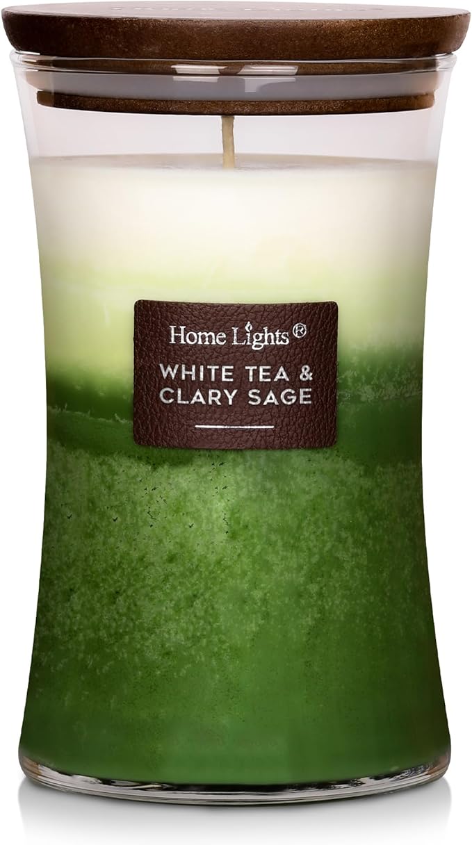 HomeLights 3-Layer Candles for Home Scented, 21.52 OZ Natural Soy Wax Scented Candles Burns Up to 100 Hours, Large Jar, White Tea & Clary Sage