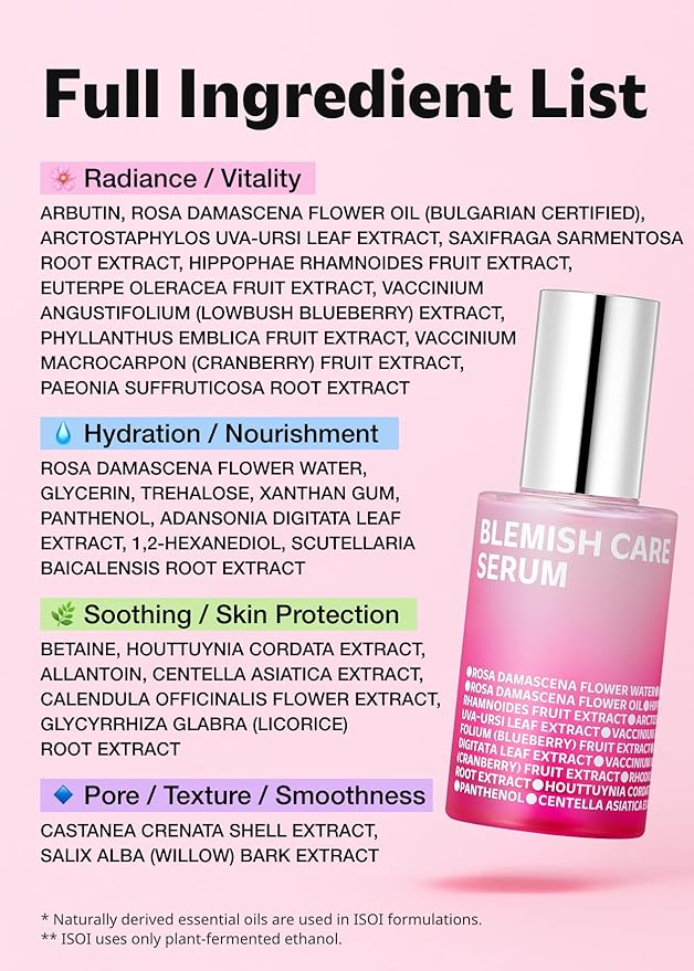 ISOI Blemish Care Up Serum for Face, Vegan Hydrating Serum for Smooth & Glass Skin Effect, Skin Barrier & Moisture Balance for Women, Arbutin & Rose Otto Oil, Korean Skin Care (2.36 fl. oz, 70ml)