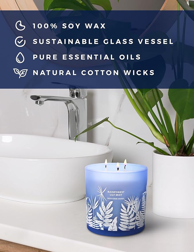Rainforest Lily Mist 3-Wick Soy Scented Candle, 14.5 oz | Fresh Rain & Marine Scent with Jasmine, Apple, Lily & Cedar | Aromatherapy Candle for Home, Long-Lasting Clean Burn