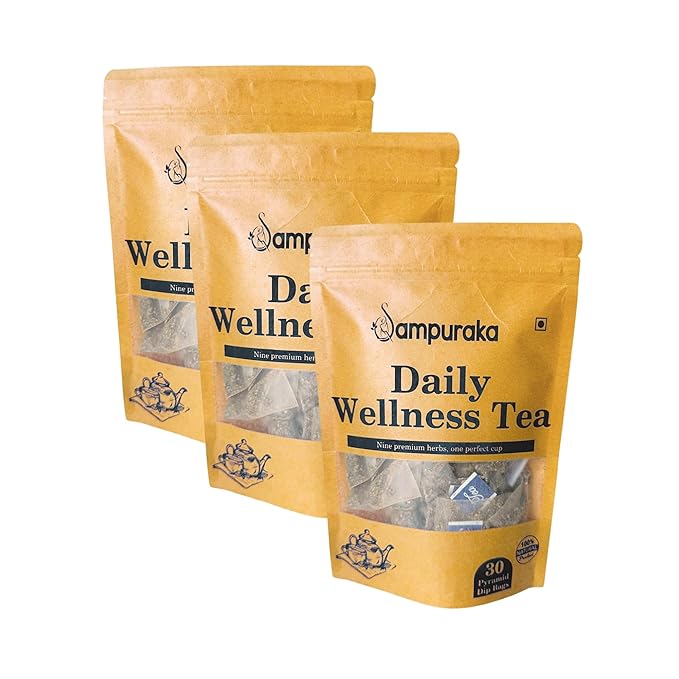 Sampuraka Daily Wellness Tea – Herbal Tea for Immunity & Relaxation Support with Turmeric, Ashwagandha, Ginger | Organic, Caffeine-Free (90 Tea Bags)