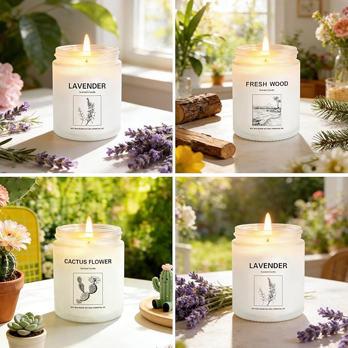 4 Pack Soy Wax Candle Gift Set – Long Lasting Aromatherapy Candles for Home, Lavender, Cactus Flower & Wood Scents, Natural Relaxing Spa Candles for Women