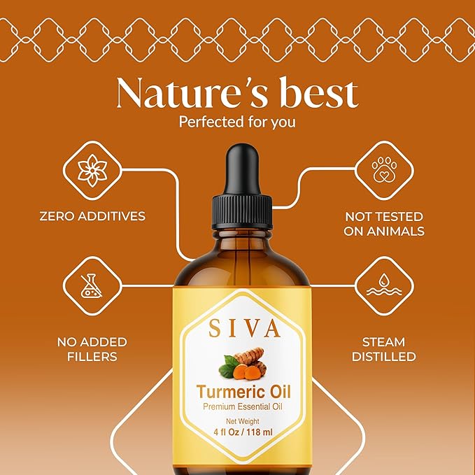 Siva Turmeric Essential Oil - 4 Fl Oz – 100% Natural Turmeric Oil - for Diffuser, Face, Skin Care, Aromatherapy, Hair Care, Scalp and Body Massage - with Dropper