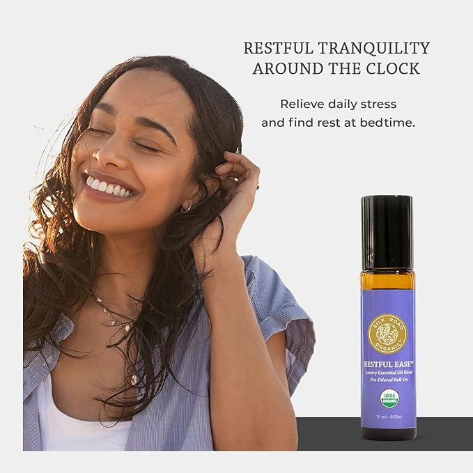 Silk Road Organic Restful Ease Essential Oil Sleep & Stress Blend Roll On - 100% Pure USDA Certified with Indian Sandalwood - Stress Ease Aromatherapy & Calming Relaxation - 10 ml Roller