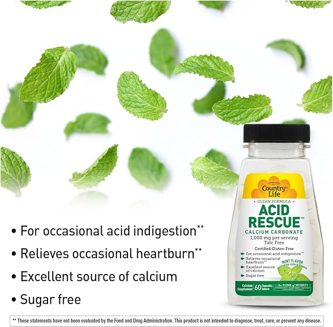 Country Life Acid Rescue Chewable Tablets - Certified Vegan & Gluten-Free Heartburn Relief, 400mg Calcium & Magnesium, Non-GMO, Sugar-Free Mint Flavor, Supports Bone Health, 60 Count