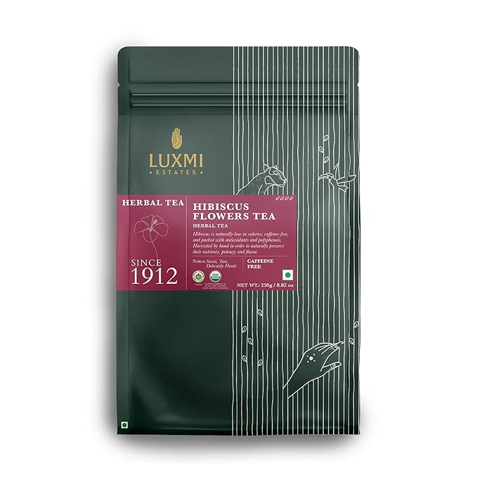 Luxmi Estates - Pure Hibiscus Herbal - Organic Hibiscus Tea - Loose Leaf - 250g (125 cups) | With Organic Hibiscus Flowers | Single Ingredient | Helps with Blood Pressure and Imrpove Heart Health