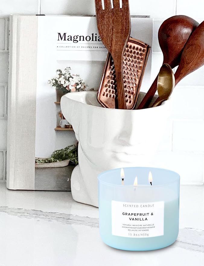 Grapefruit Vanilla 3 Wick Scented Soy Candle, 15.8 oz - Citrus & Vanilla Aromatherapy Stress Relief Candle for Home - Long Lasting Clean Burn, Highly Scented, Strong Throw - Housewarming Gift