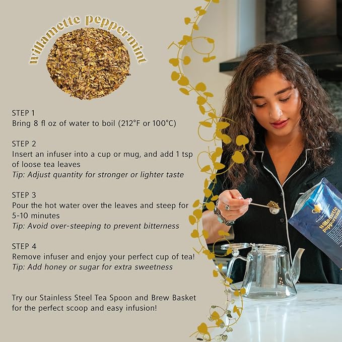 Willamette Peppermint Tea, Organic Loose Leaf Mint Herbal Tea – Soothing, Caffeine-Free – Refreshing Hot or Iced – 4 oz Resealable Bag (Makes 50 Cups) – The Elegant Elephant