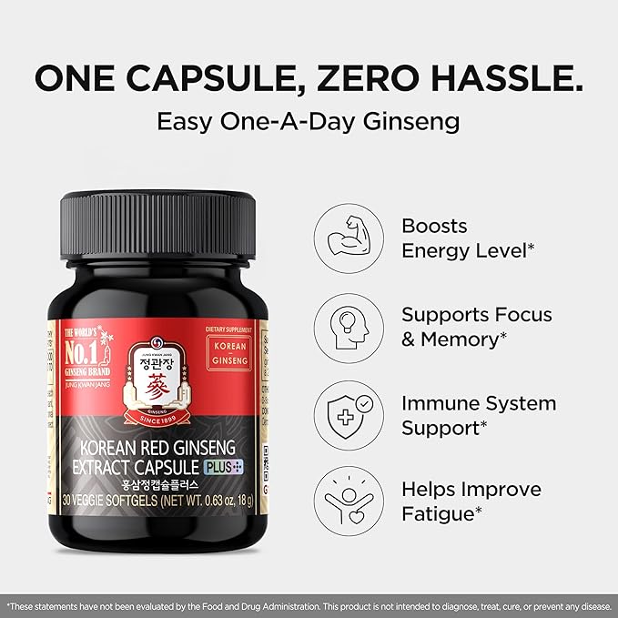 JUNG KWAN JANG Korean Red Ginseng Extract Capsule Plus - All-in-One Energy Support Vegan Supplements - No Caffeine & Non-GMO (30 Capsules)