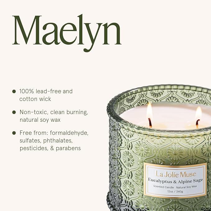 LA JOLIE MUSE Christmas Candle | Eucalyptus, Sage, Lavender | 12 oz Double Cotton Wick Soy Candle | 60 Hours Clean Burn | Christmas Gifts for Home & Women