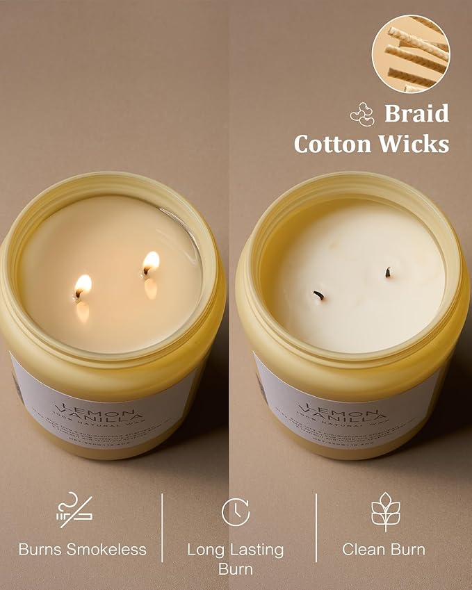 M&SENSE Candles Lemon Vanilla Scented, 19.4oz 110 Hours Long Lasting for Home 2 Wick Natural Soy Wax Non Toxic Candles in Glass Jar, Stress Relief Gifts for Women and Men