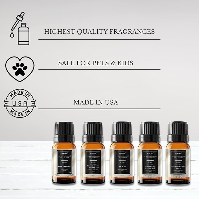 Scentia Diffuser Oil Gift Set Inspired by 5 Start Lobby Scents – 10 ml Glass Dropper Bottle, Each 0.34 fl oz | Popular Essential Oil Blend for Home Luxury | Made in USA