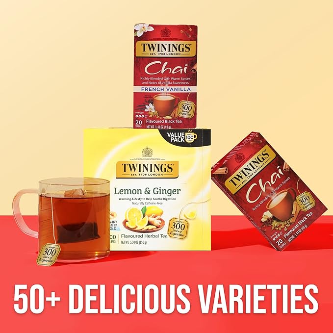 Twinings French Vanilla Chai Black Tea Individually Wrapped Bags, 20 Count (Pack of 2), Warm, Sweet & Spicy, Caffeinated, Enjoy Hot or Iced, 20 Teabags