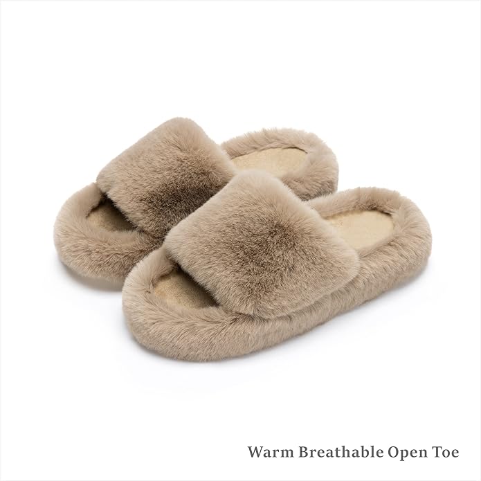 Chantomoo Women's Blue Memory Foam Faux Fur Lined Open Toe Slippers for Women - US 12