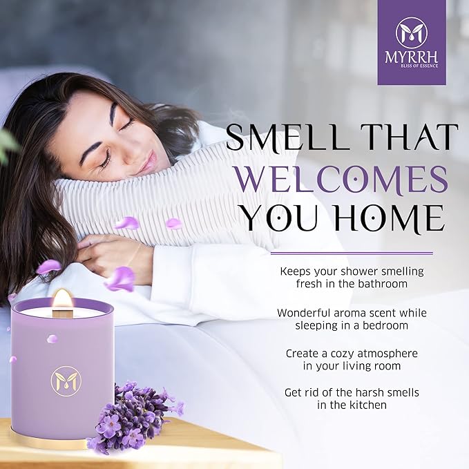 MyrrhUSA Lavender Blossom Scented Candle – 15oz Natural Soy Wax with Crackling Wooden Wick & Essential Oil, 80 Hour Burn | Luxury Aromatherapy Candle for Relaxation, Home Décor, Living Room & Bathroom