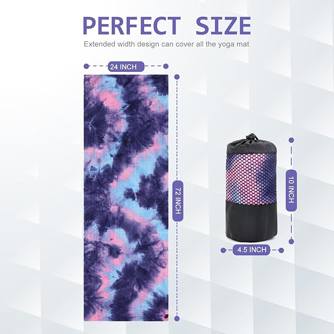 Eunzel Yoga Towel,Hot Yoga Mat Towel with Grip Dots Sweat Absorbent Non-Slip for Hot Yoga, Pilates and Workout 24" x72", Purple & Blue
