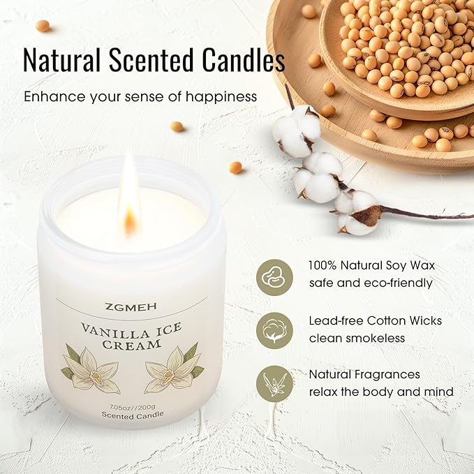 Vanilla Ice Cream Scented Jar Candles for Home- 100% Natural Soy Wax, Strong Fragrance,Soy Candle, Party & Holiday Gift, Gifts for Men Women,7.05 oz, 40 Hours Burn Time