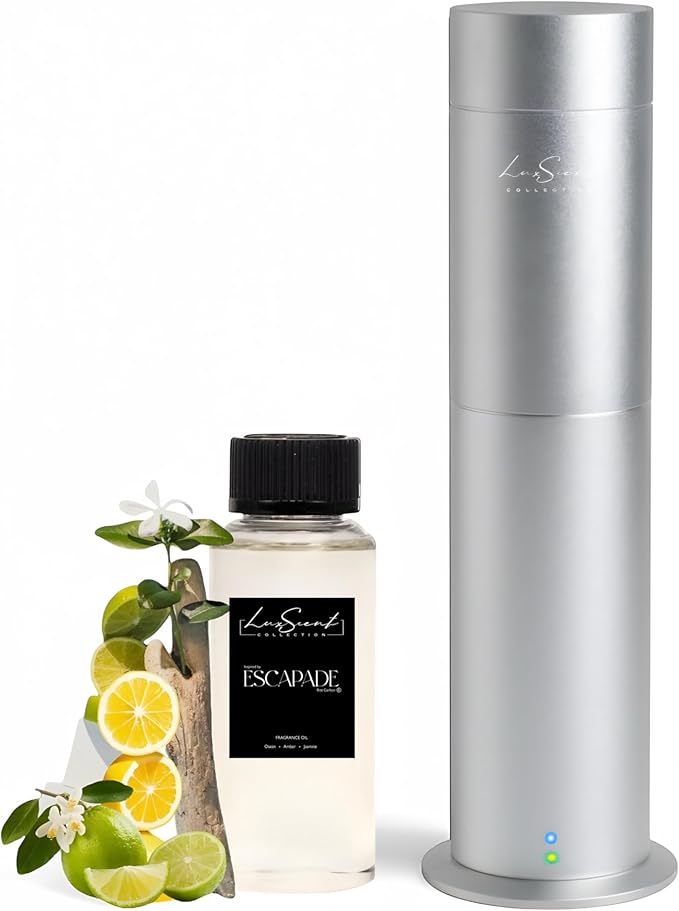 Aroma Scent Diffuser Starter Kit for Up to 1000SQ. FT. Coverage - 120ML Waterless Essential Oil Scent Included - Luxury Aroma Diffuser Ideal for Home, Office & Hotel (Silver, Escapade)