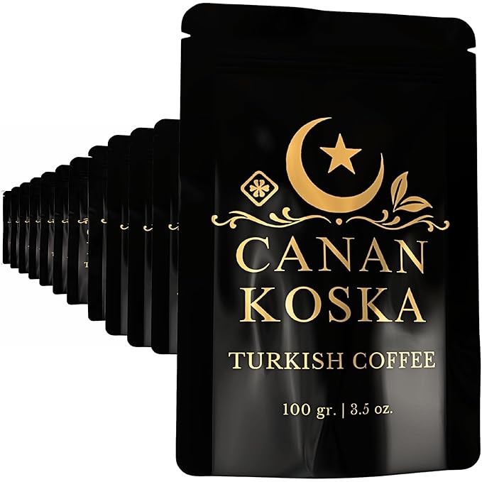 Canan Koska Turkish Coffee Medium Roast Ground Coffee 100% Arabica, Finely Ground for Rich Flavor and Smooth Texture, Ideal for Traditional Brewing in a Cezve - 3.5 Ounce (100g) - Pack Of 12