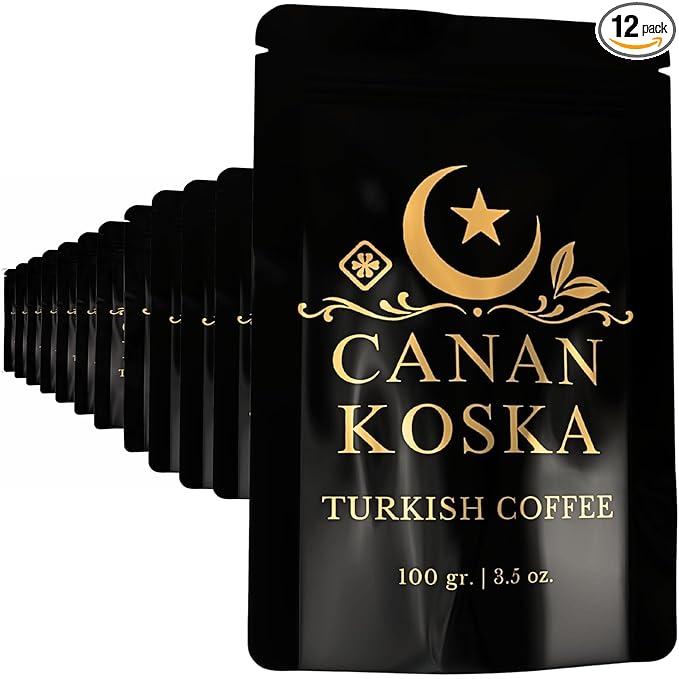 Canan Koska Turkish Coffee Medium Roast Ground Coffee 100% Arabica, Finely Ground for Rich Flavor and Smooth Texture, Ideal for Traditional Brewing in a Cezve - 3.5 Ounce (100g) - Pack Of 12